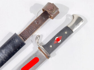 Hitlerjugend Fahrtenmesser, frühes Stück mit Devise , Hersteller F.Plücker.Jr. Solingen. Scheide Originallack