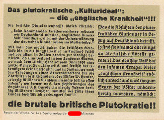 Parole der Woche Nr. 15, "Das plutokratische Kulturideal...", Zentralverlag der NSDAP, 7,5 x 10 cm