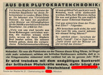 Parole der Woche Nr. 21, "Aus der Plutokratenchronik", Zentralverlag der NSDAP, 7,5 x 10 cm