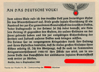 Parole der Woche Nr. 38, "An das deutsche Volk!", Zentralverlag der NSDAP, 7,5 x 10 cm