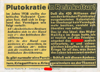 Parole der Woche Nr. 34, "Plutokratie in Reinkultur!", Zentralverlag der NSDAP, 7,5 x 10 cm, gebraucht