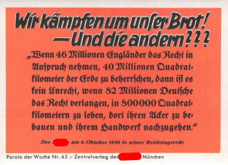 Parole der Woche Nr. 45, "Wir kämpfen um unser Brot! - Und die andern???", Zentralverlag der NSDAP, 7,5 x 10 cm