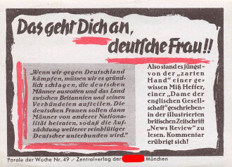 Parole der Woche Nr. 49, "Das geht Dich an, deutsche Frau!!", Zentralverlag der NSDAP, 7,5 x 10 cm