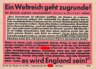 Parole der Woche Nr. 21/1942 "Ein Weltreich geht zugrunde!", Zentralverlag der NSDAP, 7,5 x 10 cm