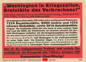 Parole der Woche Nr. 32/1942, "Washington in Kriegszeiten, Brutstätte des Verbrechens!", Zentralverlag der NSDAP, 7,5 x 10 cm