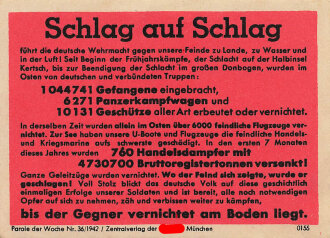 Parole der Woche Nr. 36/1942, "Schlag auf Schlag!!!", Zentralverlag der NSDAP, 7,5 x 10 cm