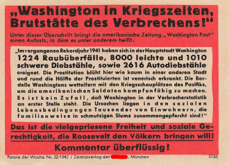 Parole der Woche Nr. 32/1942, "Washington in Kriegszeiten, Brutstätte des Verbrechens!", Zentralverlag der NSDAP, 7,5 x 10 cm