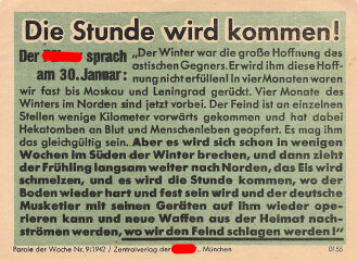 Parole der Woche Nr. 9/1942, "Die Stunde wird kommen!", Zentralverlag der NSDAP, 7,5 x 10 cm