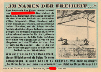 Parole der Woche Nr. 15/1941, "Im Namen der Freiheit...", Zentralverlag der NSDAP, 7,5 x 10 cm