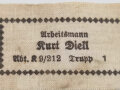 Reichsarbeitsdienst Namensetikett "Arbeitsmann Dietl Abt. K9/212 Trupp 1" 35 x 60mm