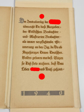 NSDAP, grossformatige Mappe anlässlich der Geburt der " Hannelore Ditz"  am 19.März 1940.  Die Zeitungen fehlen, Adler und Hakenkreuz einwandfrei.