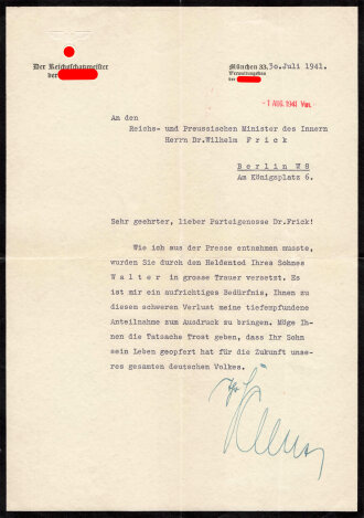 "Der Reichsschatzmeister der NSDAP" Anschreiben an den Minister des Innern Frick bzgl. Heldentod dessen Sohnes. Eigenhändige Reichsschatzmeister Schwarz am 30.7.1941