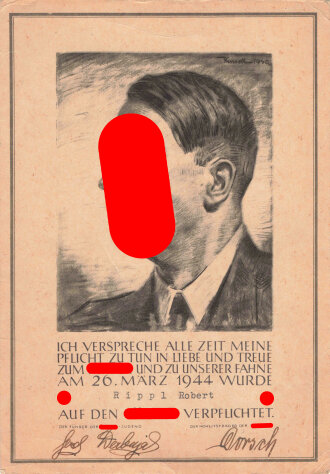 Hitlerjugend Verpflichtungsurkunde vom 26.März 1944. DIN A5