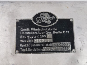 Luftwaffe, Leichtmetallbehälter für die " Windschutzbrille Baumuster 295" von Auer. Datiert 1936