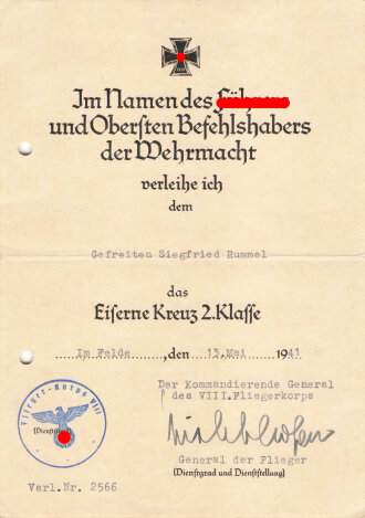 Urkundenkonvolut des Kampfflieger Siegfried Rummel, Träger Deutsches Kreuz in gold beim 8./Kampf-Geschwader 3 