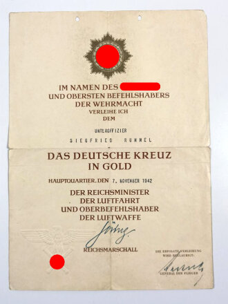 Urkundenkonvolut des Kampfflieger Siegfried Rummel, Träger Deutsches Kreuz in gold beim 8./Kampf-Geschwader 3 