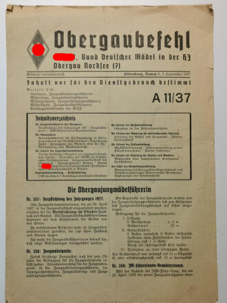 "Obergaubefehl" NSDAP, Bund Deutscher Mädel in der HJ Obergau Nordsee (7), Oldenburg, 3.September 1937, 6 Seiten, A4