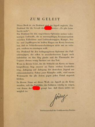 "Kreta- Sieg der Kühnsten" vom Heldenkampf der Fallschirmjäger. Bildband von 1942. Buchrücken gelöst, Einband stärker berieben