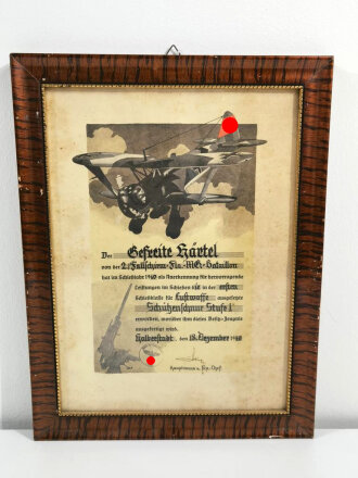 Besitz Zeugnis für die Schützenschnur 1.Stufe, ausgestellt im Dezember 1940 an einen Angehörigen "2./ Fallschirm Fla. MG Bataillon" Original gerahmt, Maße mit Rahmen 38 x 51cm