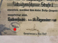 Besitz Zeugnis für die Schützenschnur 1.Stufe, ausgestellt im Dezember 1940 an einen Angehörigen "2./ Fallschirm Fla. MG Bataillon" Original gerahmt, Maße mit Rahmen 38 x 51cm