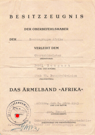 15. Panzerdivision des Afrikakorps, Urkundengruppe und Soldbuch