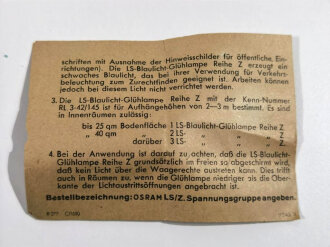 Osram Luftschutz Lampe " Blaulicht Glühlampe Reihe Z". In defekter Umverpackung und Anwendungsvorschrift, Funktion nicht geprüft