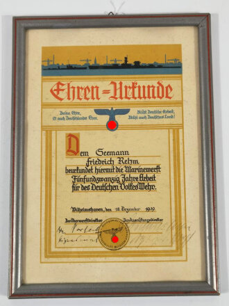 Kriegsmarine Werft Wilhelmshafen, original gerahmte Dienstzeiturkunde datiert 1939. Maße des Rahmen  23 x 32cm