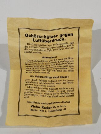Gehörschutz Wehrmacht für Geschützbedienungen " Gehörschützer gegen Luftüberdruck" Ungetragen, in sehr gutem Zustand