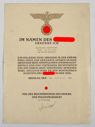 Polizei III.Reich, grossformatige Ernennungsurkunde zum Polizei Sekretär, datiert 1943