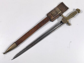 Frankreich, Hirschfänger aus französischem Glaive type Modell 1831 Ausführung für Miliz und Feuerwehr ,Klinge beschliffen,Parierstange und Scheide jagdlich modifiziert