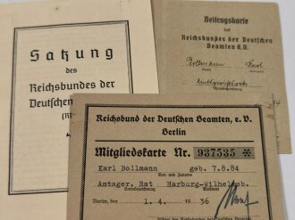 Mitgliedskarte, Beitragskarte und Satzung " Reichsbund der Deutschen Beamten e.V. Berlin" eines Angehörigen aus Harburg-Wilhemsb.