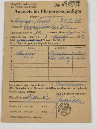 Ausweis für Fliegergeschädigte, ausgestellt 1943 in Düsseldorf