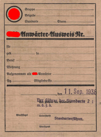 SA Anwärterausweis Blanko, Stempel 1938
