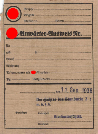 SA Anwärterausweis Blanko, Stempel 1938, leicht beschädigt