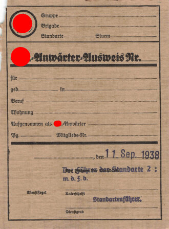 SA Anwärterausweis Blanko, Stempel 1938, leicht...