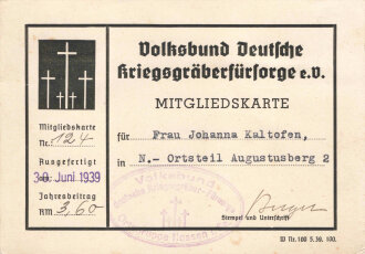 Volksbund Deutsche Kriegsgräberfürsorge, Mitgliedskarte (datiert 1939) 