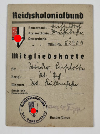 Mitgliedskarte Reichskolonialbund eines Angehörigen aus dem Kreis Wuppertal, datiert 1942