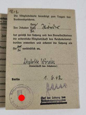 Mitgliedskarte Reichskolonialbund eines Angehörigen aus dem Kreis Wuppertal, datiert 1942