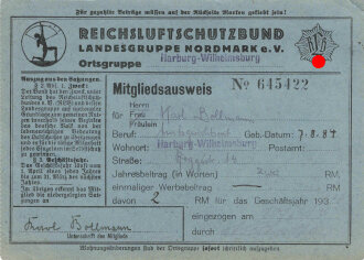 Mitgliedsausweis Reichsluftschutzbund Landesgruppe Nordmark, Ortsgruppe Harburg-Wilhelmsburg