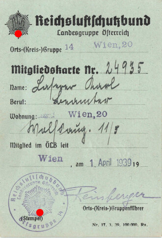 Mitgliedskarte Reichsluftschutzbund, Landesgruppe Österreich, Angehöriger aus Wien, 1939