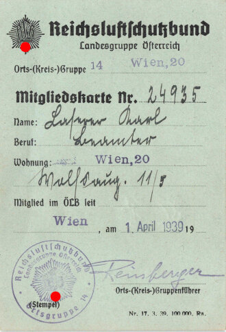 Mitgliedskarte Reichsluftschutzbund, Landesgruppe...