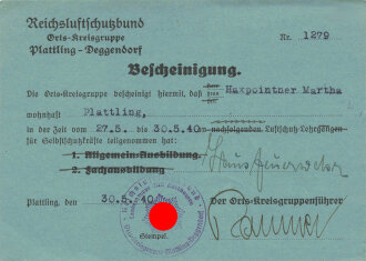 Bescheinigung Reichsluftschutzbund Ortskreisgruppe Plattling-Deggendorf, datiert 1940