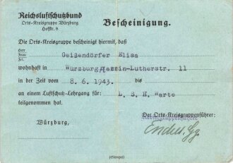 Bescheinigung Reichsluftschutzbund Ortskreisgruppe Würzburg, datiert 1943