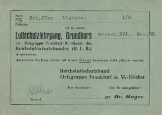 Bescheinigung über die Teilnahme an einem Luftschutzlehrgang Frankfurt/M.-Höchst, datiert 1935