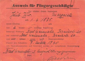 Ausweis für Fliegergeschädigte aus Neuenahr, datiert 1945