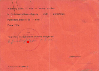 Ausweis für Fliegergeschädigte aus Neuenahr, datiert 1945