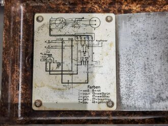 Feldfernsprecher 33 der Wehrmacht datiert 1940. Die Metallbeschläge neuzeitlich lackiert, Kabel neuzeitlich, Funktion nicht geprüft