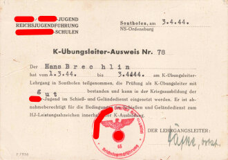 Übungsleiter - Ausweis NSDAP Hitler-Jugend von einem Angehörigen aus Sonthofen, datiert 1944