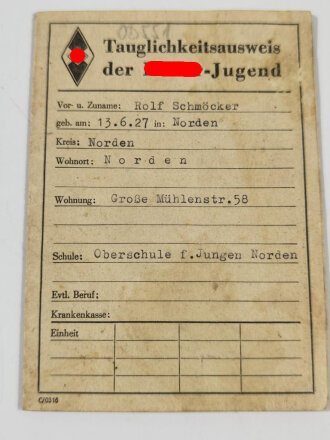 "Tauglichkeitsausweis der Hitlerjugend für den Dienst als Luftwaffenhelfer"eines Angehörigen aus Norden, datiert 1943