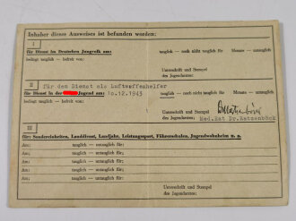 "Tauglichkeitsausweis der Hitlerjugend für den Dienst als Luftwaffenhelfer"eines Angehörigen aus Norden, datiert 1943